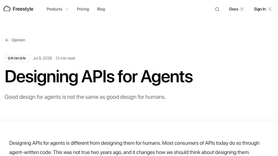 Screenshot of freestyle.sh: Designing APIs for Agents