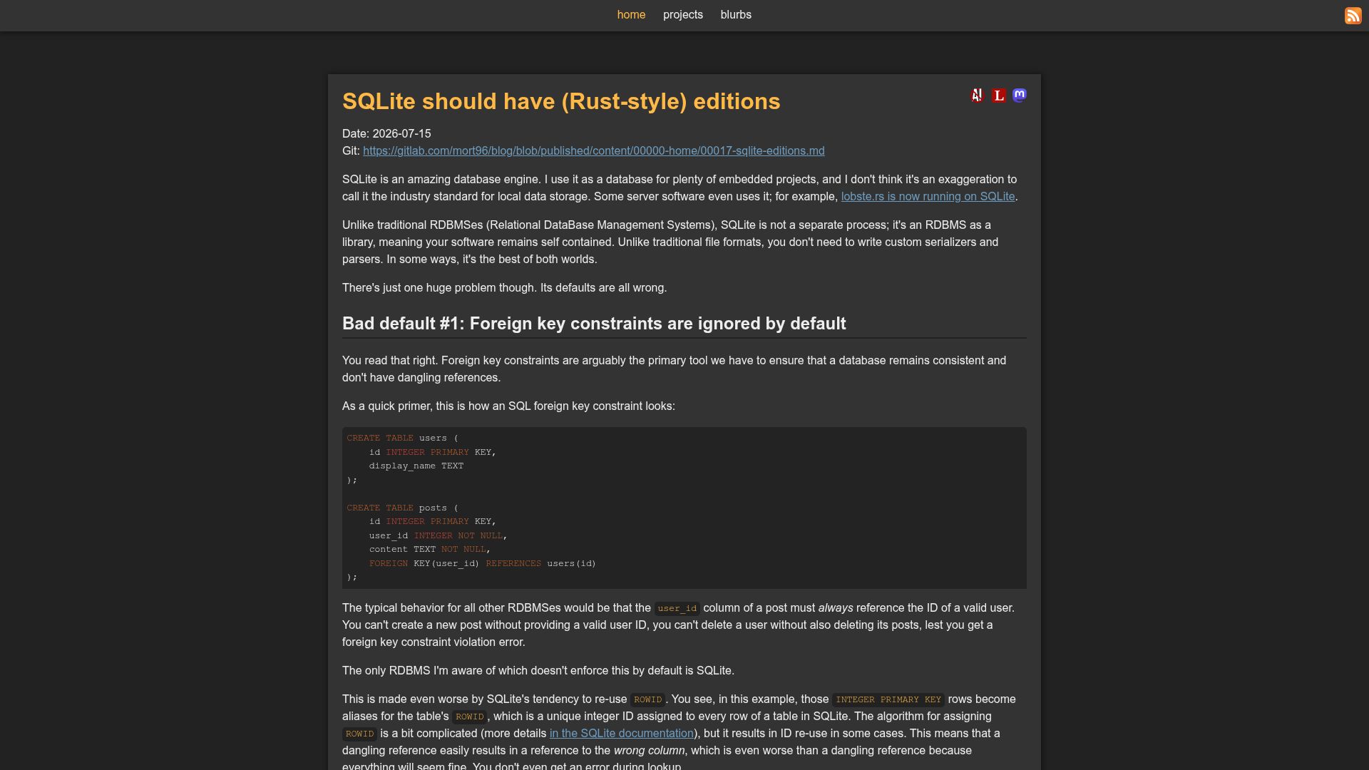 Screenshot of mort.coffee: SQLite should have (Rust-style) editions