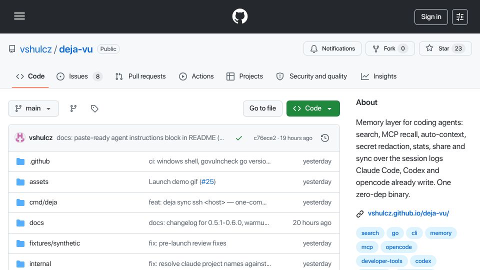Screenshot of github.com: Open-source memory for coding agents, synced over SSH