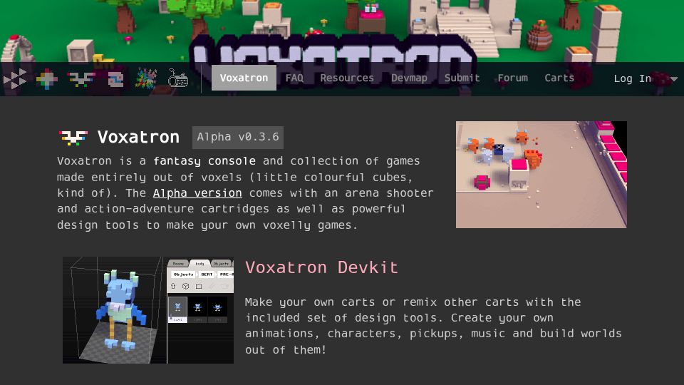 Screenshot of lexaloffle.com: Voxatron
