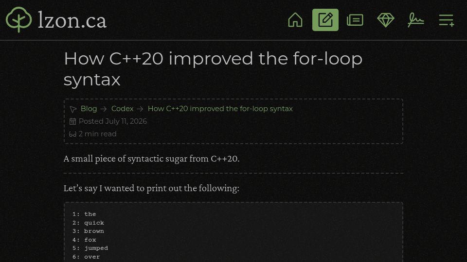 Screenshot of lzon.ca: C++20 Improved the For-Loop Syntax