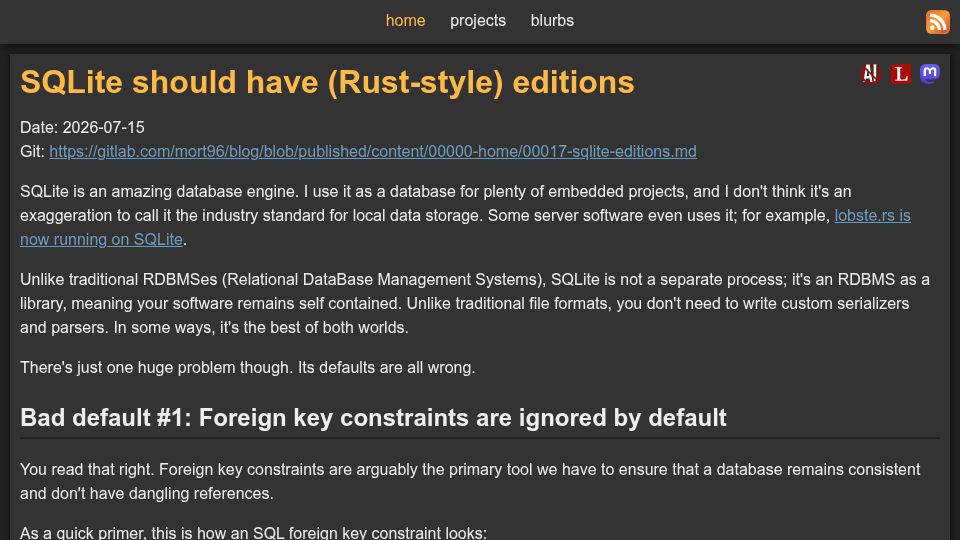 Screenshot of mort.coffee: SQLite should have (Rust-style) editions