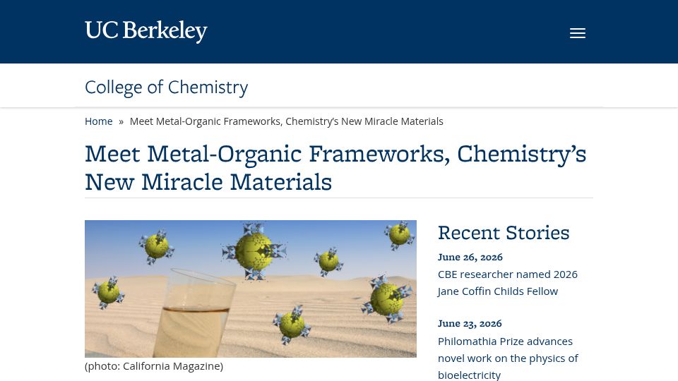 Screenshot of chemistry.berkeley.edu: Metal-Organic Frameworks, Chemistry's New Miracle Materials (2018)