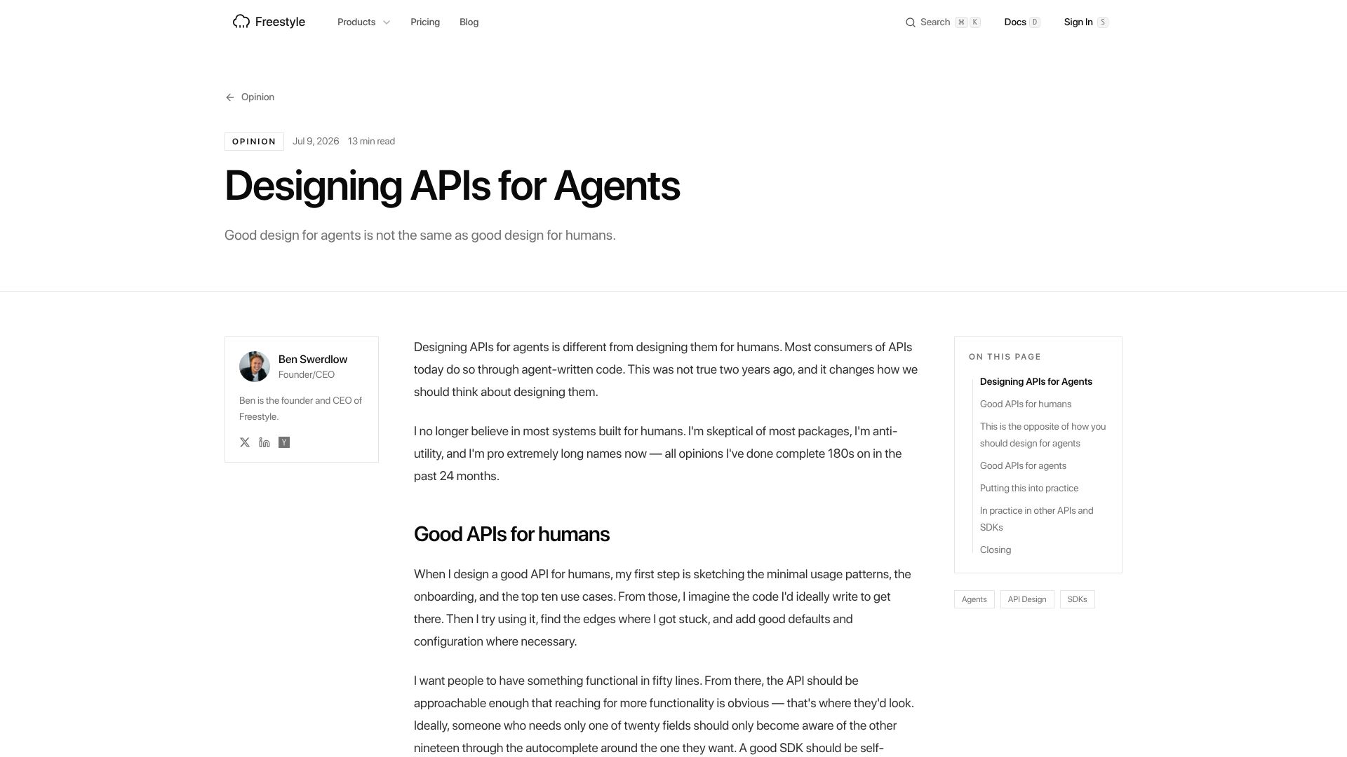 Screenshot of freestyle.sh: Designing APIs for Agents