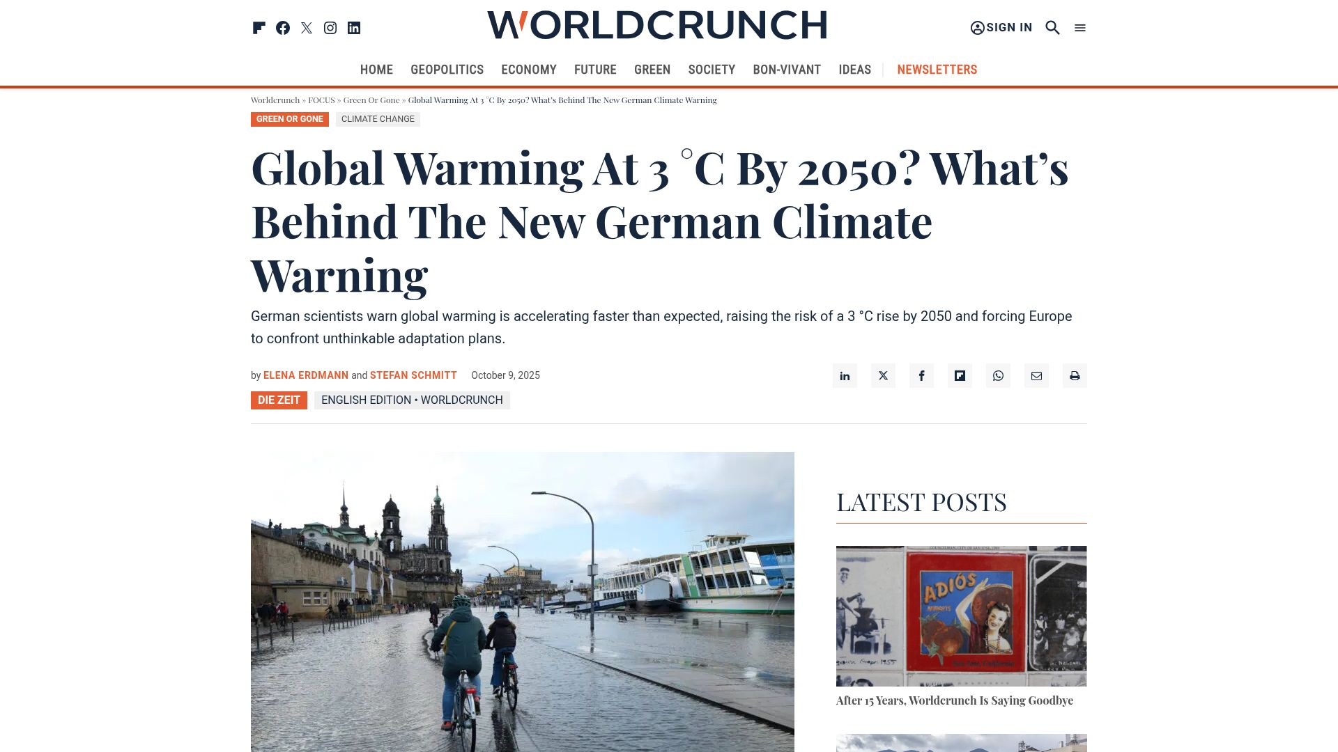 Screenshot of worldcrunch.com: Global Warming at 3 °C by 2050? What's Behind the New German Climate Warning