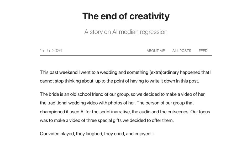 Screenshot of hugodaniel.com: The End of Creativity