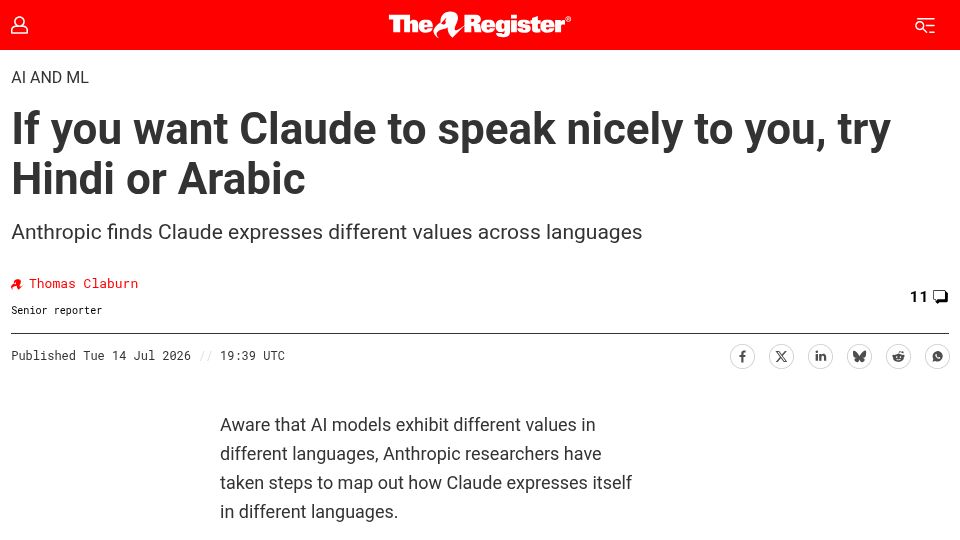 Screenshot of theregister.com: If you want Claude to speak nicely to you, try Hindi or Arabic
