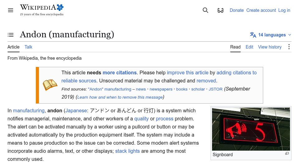 Screenshot of en.wikipedia.org: Andon (manufacturing)