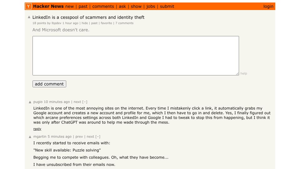 Screenshot of Hacker News post: LinkedIn is a cesspool of scammers and identity theft