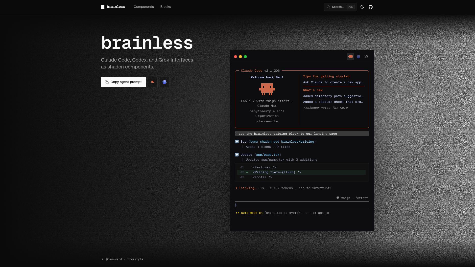 Screenshot of brainless.swerdlow.dev: Brainless: Shadcn components that look like Claude Code, Codex and Grok