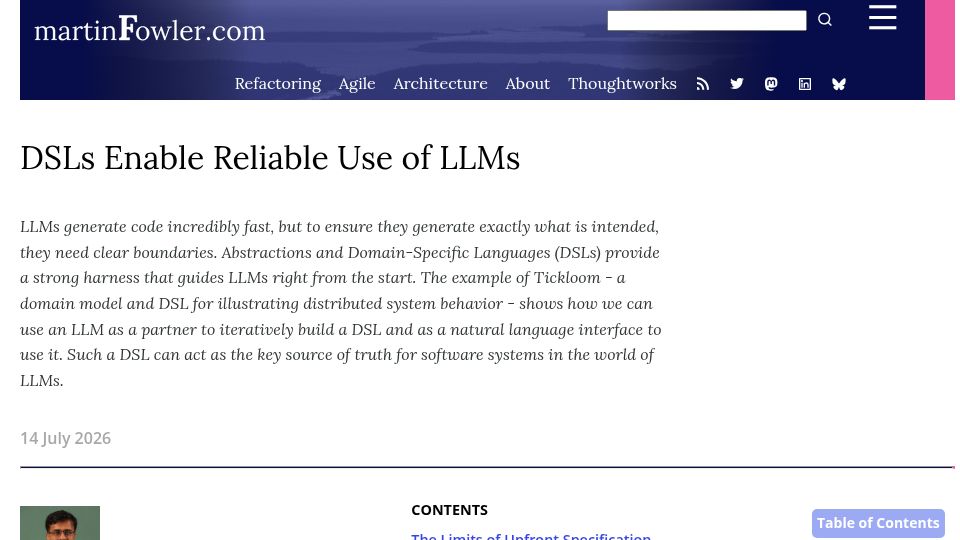 Screenshot of martinfowler.com: DSLs Enable Reliable Use of LLMs