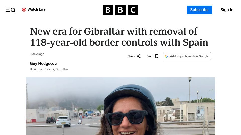 Screenshot of bbc.com: New era for Gibraltar with removal of border controls with Spain