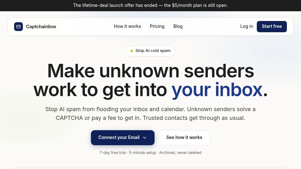 Screenshot of captchainbox.com: Show HN: Make senders work to get into your inbox
