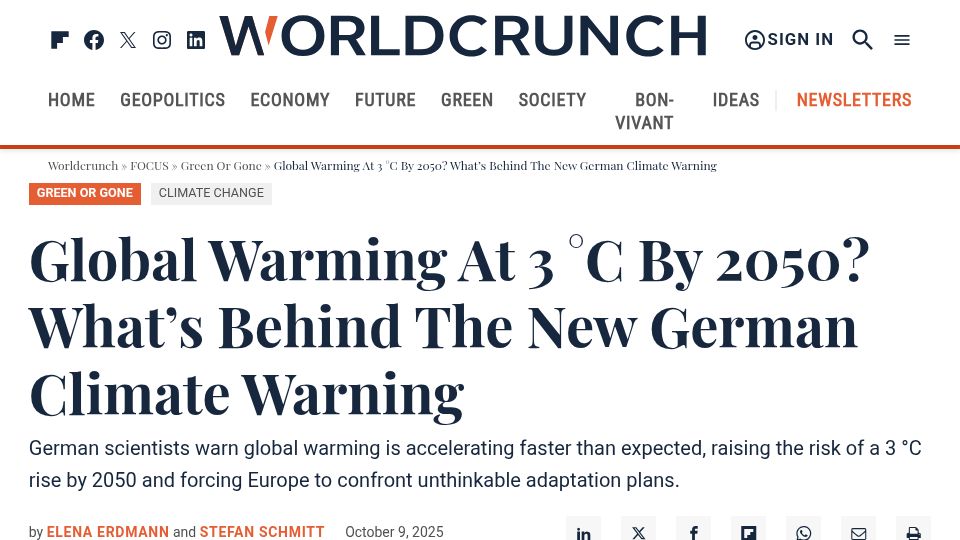 Screenshot of worldcrunch.com: Global Warming at 3 °C by 2050? What's Behind the New German Climate Warning