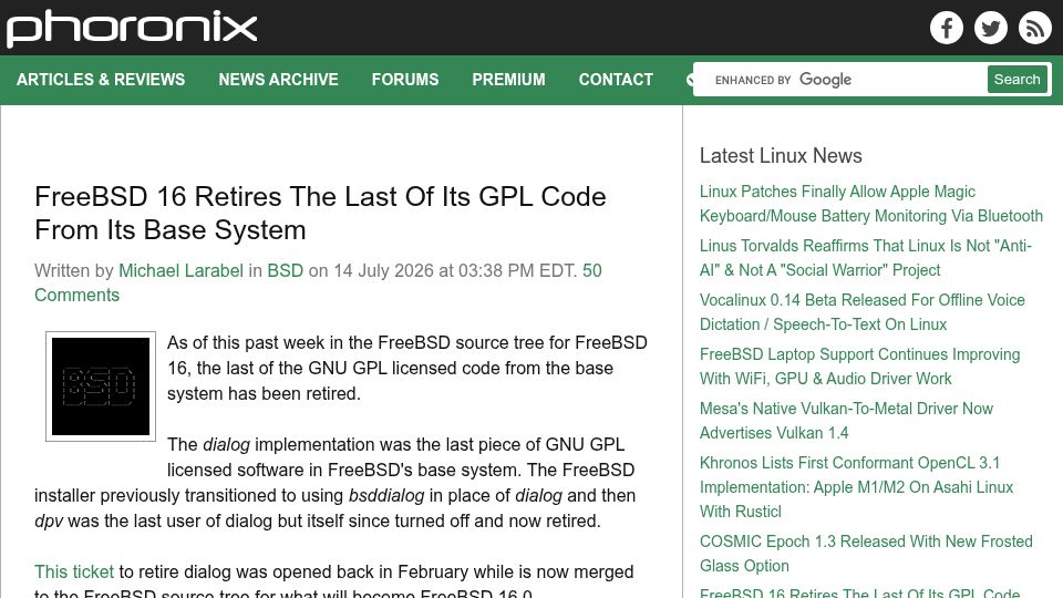 Screenshot of phoronix.com: FreeBSD 16 Retires the Last of Its GPL Code from Its Base System