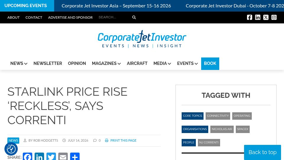 Screenshot of corporatejetinvestor.com: Starlink price rise for aviation plan
