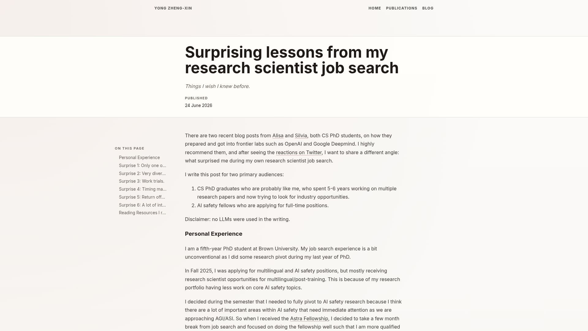 Screenshot of yongzx.github.io: Surprising lessons from my research scientist job search