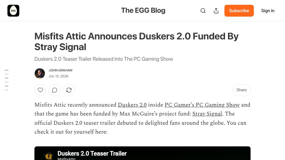 Screenshot of elbowgreasegames.substack.com: Duskers, the scary command line game, is getting a sequel