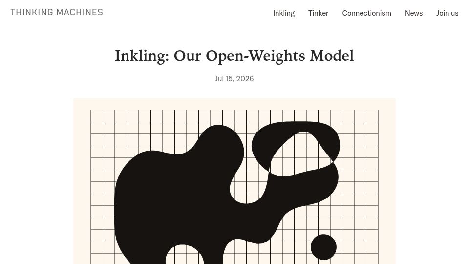 Screenshot of thinkingmachines.ai: Inkling: Our Open-Weights Model