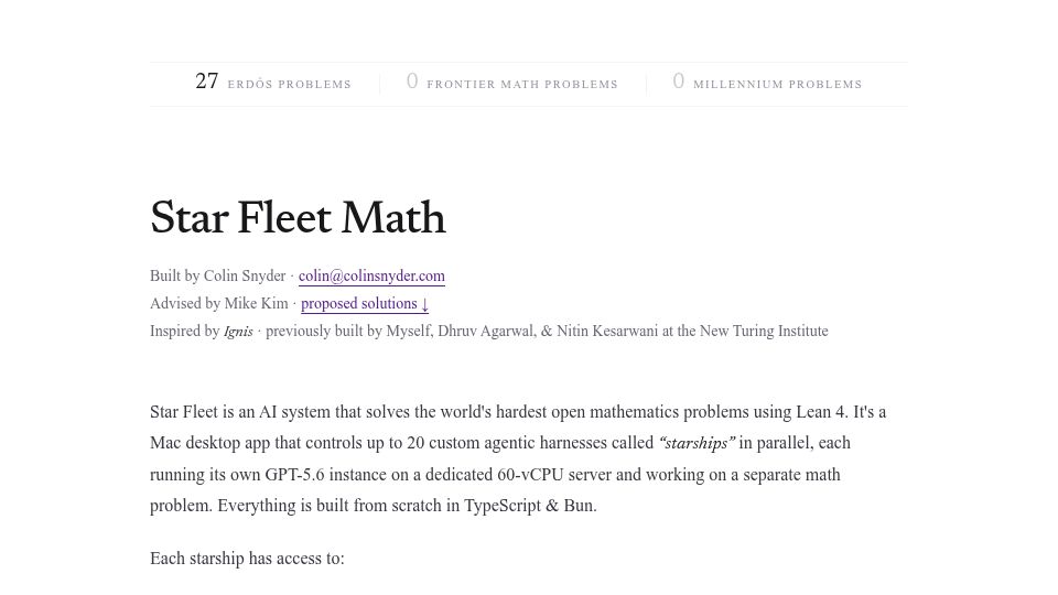 Screenshot of starfleetmath.com: Solving 20 Erdős Problems with 20 Codex Accounts Running in Parallel