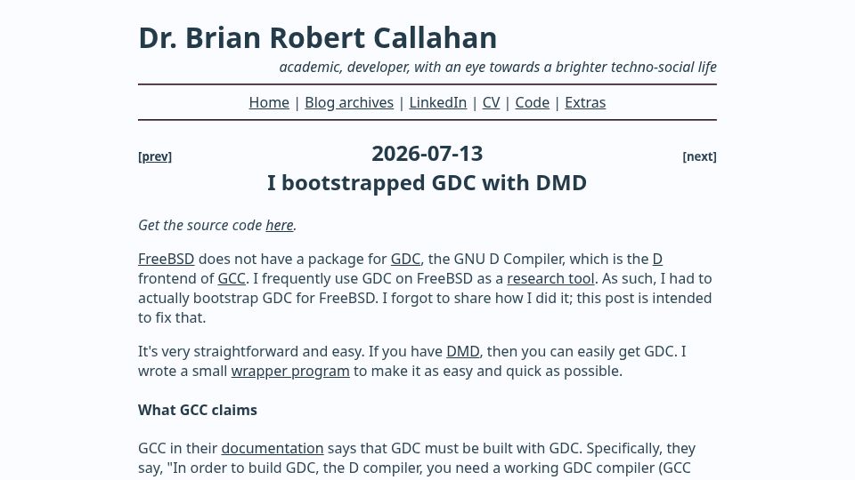 Screenshot of briancallahan.net: Bootstrapping GDC with DMD