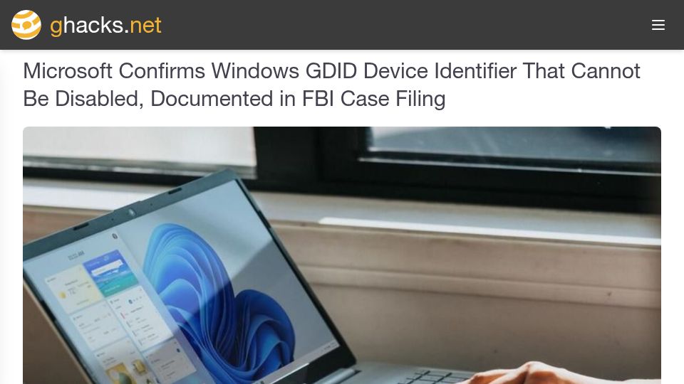 Screenshot of ghacks.net: Microsoft Confirms Windows GDID Device Identifier That Cannot Be Disabled