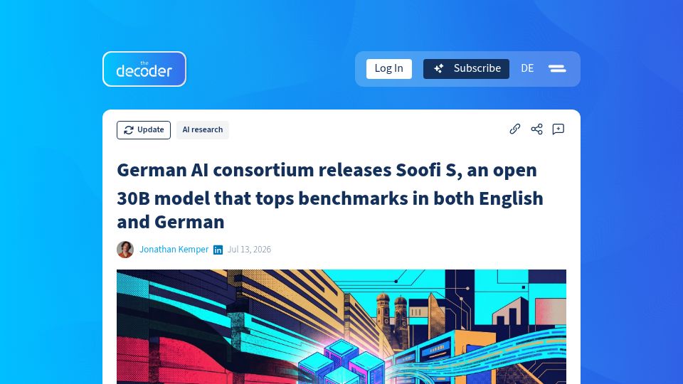 Screenshot of the-decoder.com: German AI consortium releases Soofi S, an open 30B model that tops benchmarks