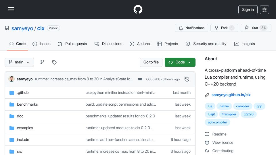 Screenshot of github.com: Show HN: Clx – Compile Lua to Native Executables Through C++20