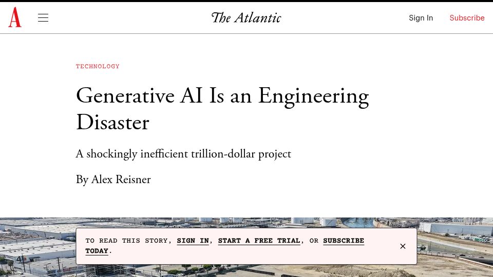 Screenshot of theatlantic.com: Generative AI Is an Engineering Disaster