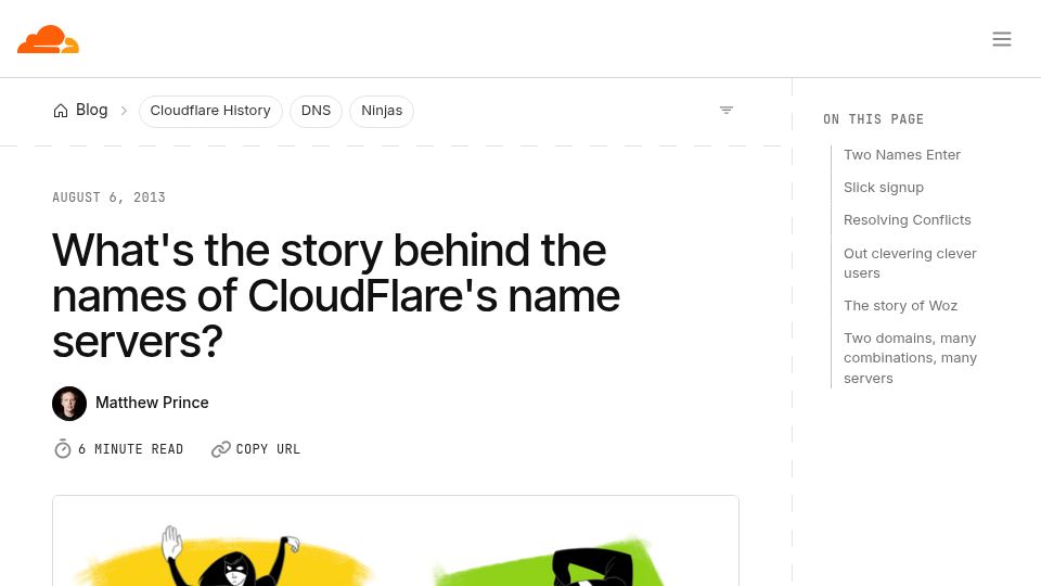 Screenshot of blog.cloudflare.com: What's the story behind the names of Cloudflare's name servers? (2013)
