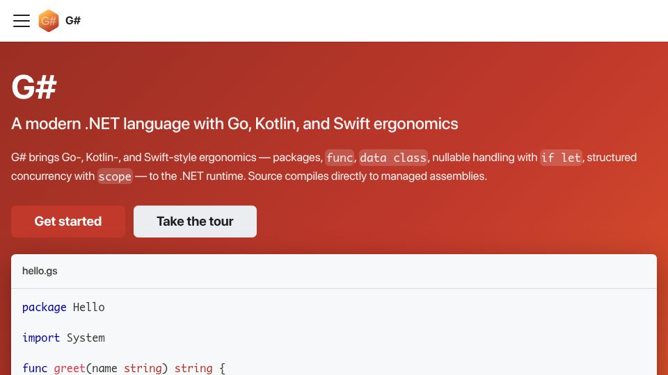 Screenshot of davidobando.github.io: G# – A modern .NET language with Go, Kotlin, and Swift ergonomics