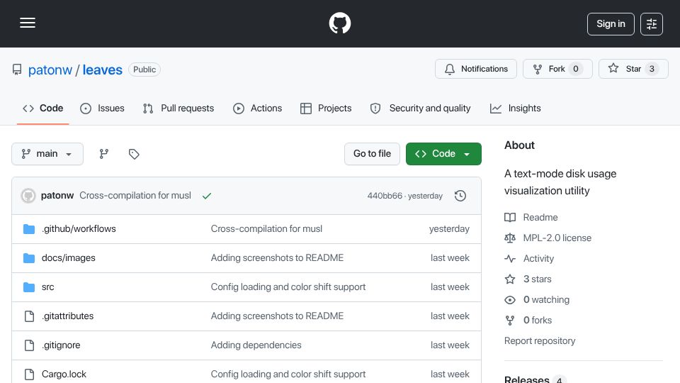 Screenshot of github.com: Show HN: Leaves – A text-UI disk usage treemap visualizer