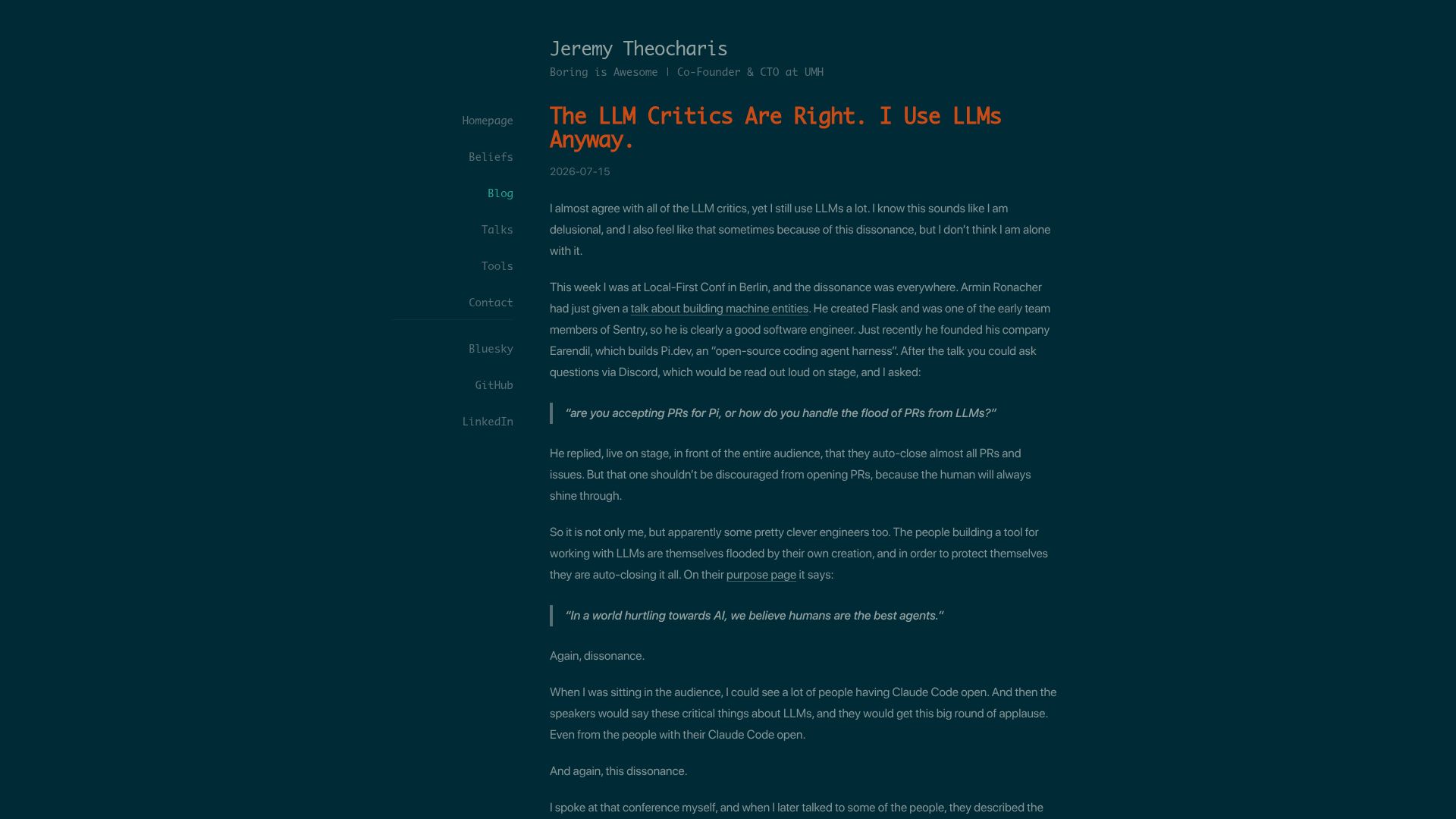 Screenshot of theocharis.dev: The LLM Critics Are Right. I Use LLMs Anyway