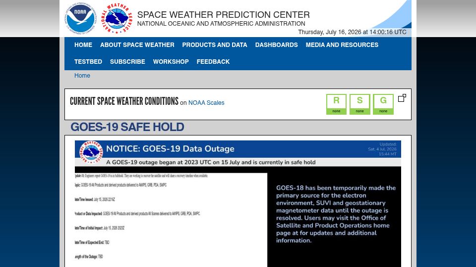 Screenshot of spaceweather.gov: Goes-19 weather satellite enters Safe Hold mode