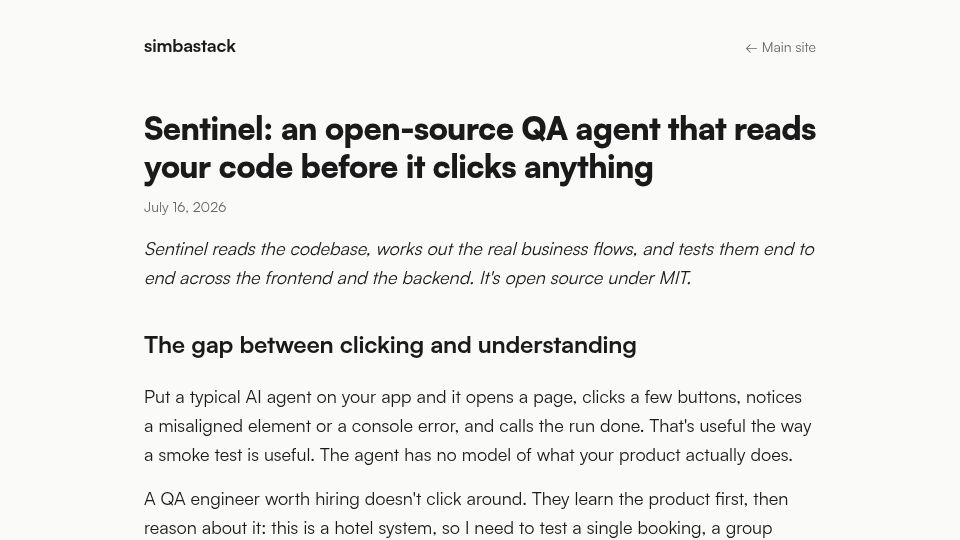 Screenshot of blog.simbastack.com: Show HN: Sentinel – open-source QA agent that reads your code before it clicks