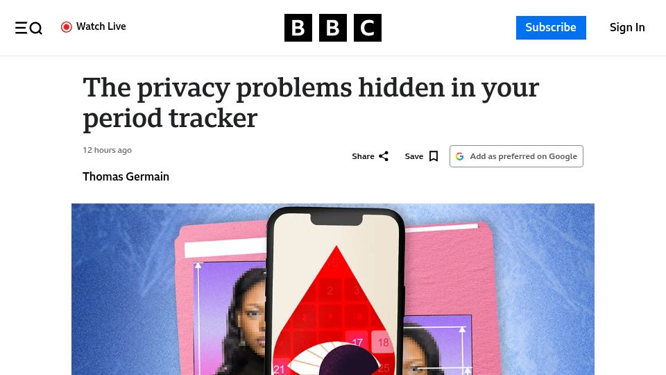 Screenshot of bbc.com: The privacy problems hidden in your period tracker