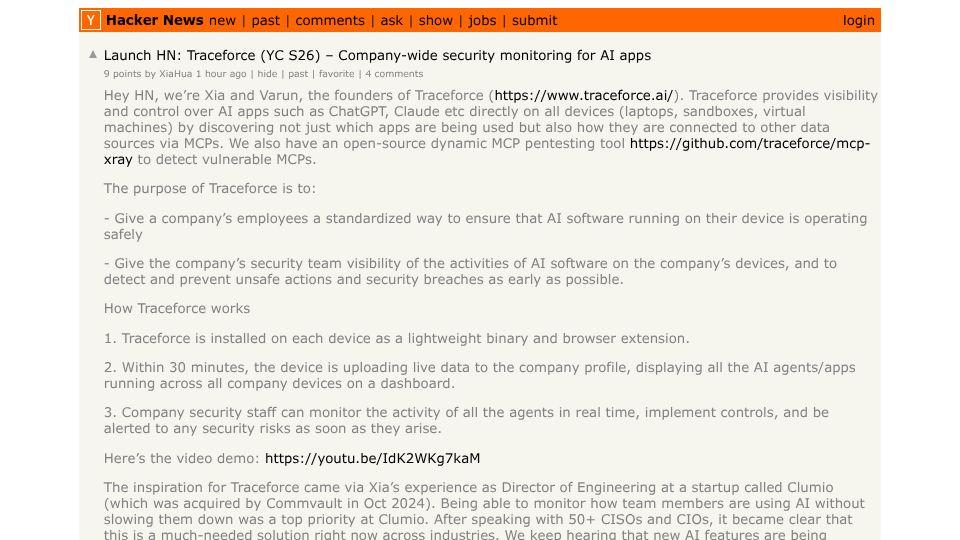 Screenshot of Hacker News post: Launch HN: Traceforce (YC S26) – Company-wide security monitoring for AI apps