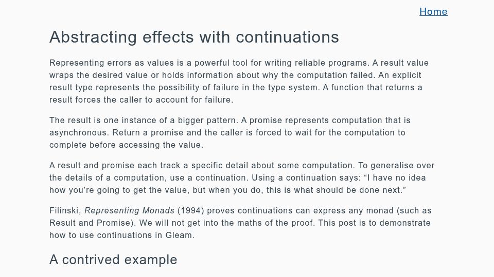 Screenshot of crowdhailer.me: Abstracting Effects with Continuations