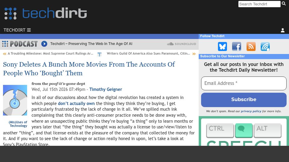 Screenshot of techdirt.com: Sony deletes more movies from the accounts of people who ‘bought’ them