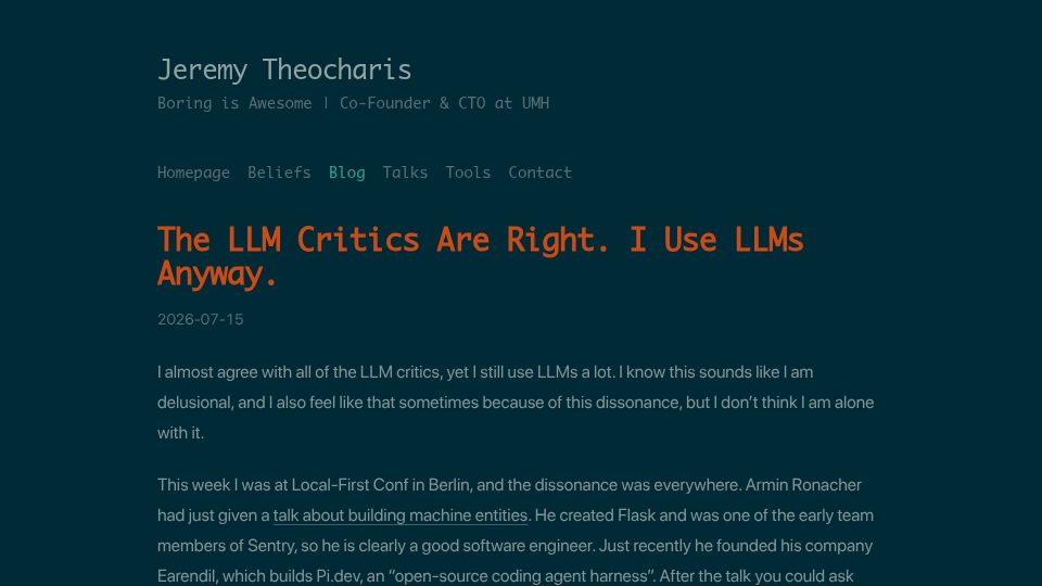 Screenshot of theocharis.dev: The LLM Critics Are Right. I Use LLMs Anyway