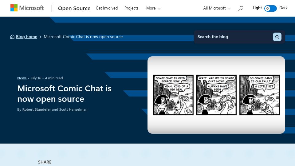 Screenshot of opensource.microsoft.com: Microsoft Comic Chat is now open source
