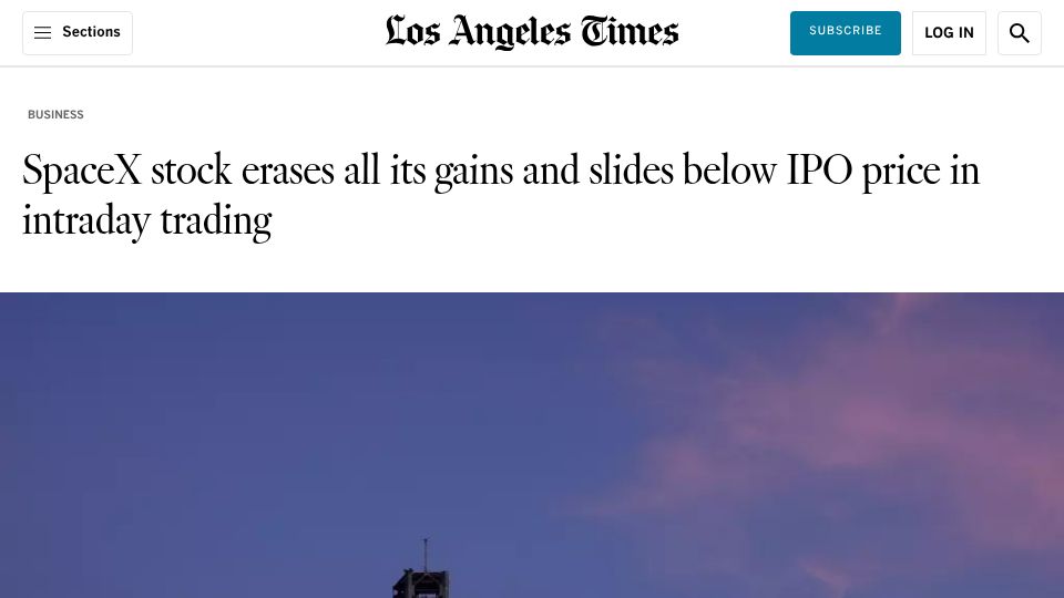 Screenshot of latimes.com: SpaceX stock erases all its gains and slides below IPO price in intraday trading
