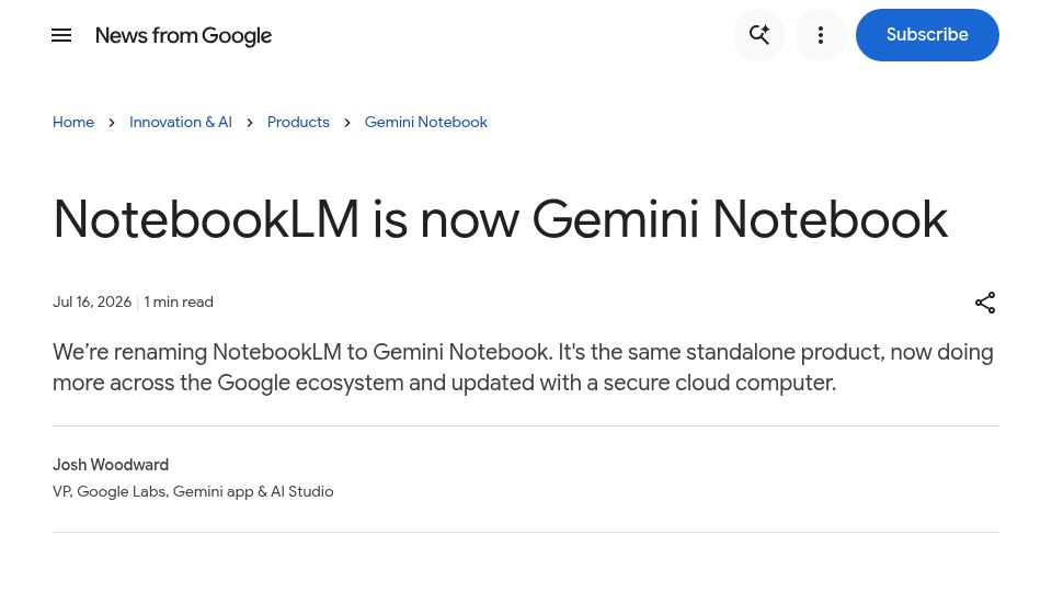 Screenshot of blog.google: NotebookLM is now Gemini Notebook