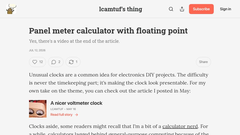 Screenshot of lcamtuf.substack.com: Panel meter calculator with floating point