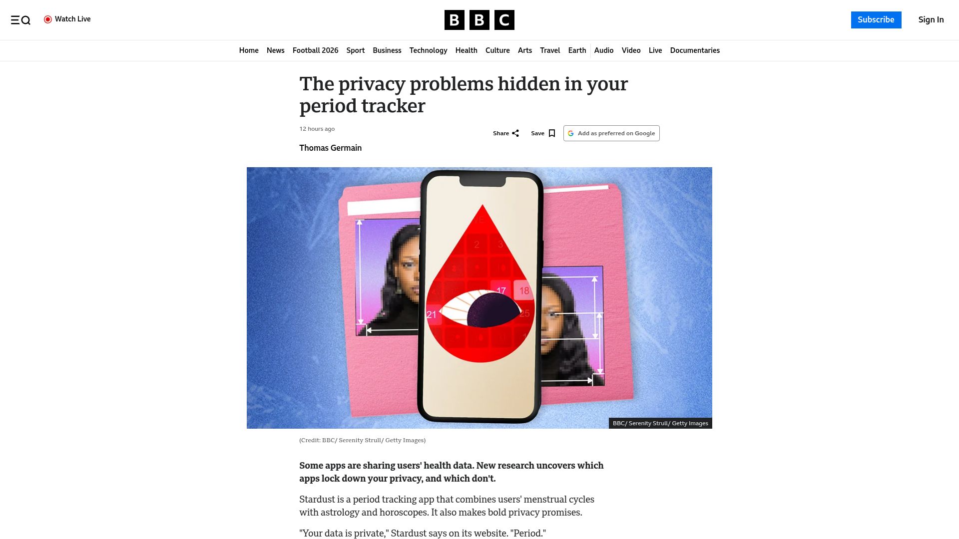 Screenshot of bbc.com: The privacy problems hidden in your period tracker