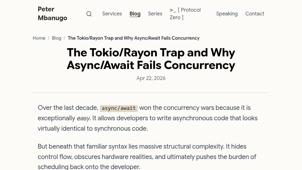 Screenshot of pmbanugo.me: The Tokio/Rayon Trap and Why Async/Await Fails Concurrency