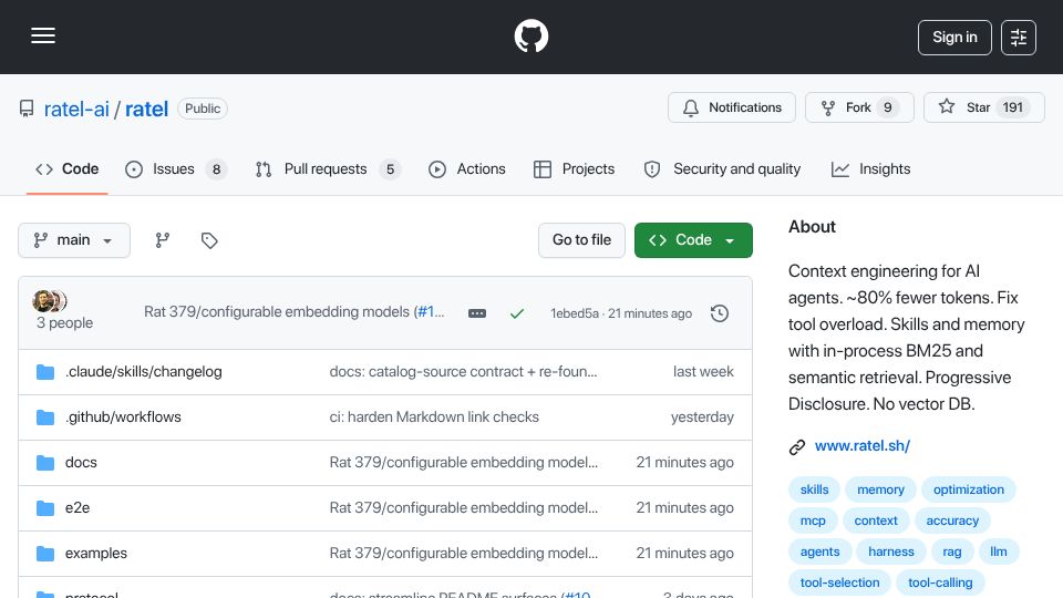 Screenshot of github.com: Show HN: Ratel, give agents unlimited tools and skills without context bloat