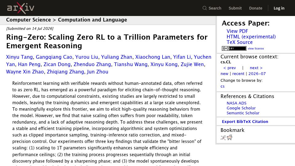 Screenshot of arxiv.org: Ring-Zero: Scaling Zero RL to a Trillion Parameters for Emergent Reasoning