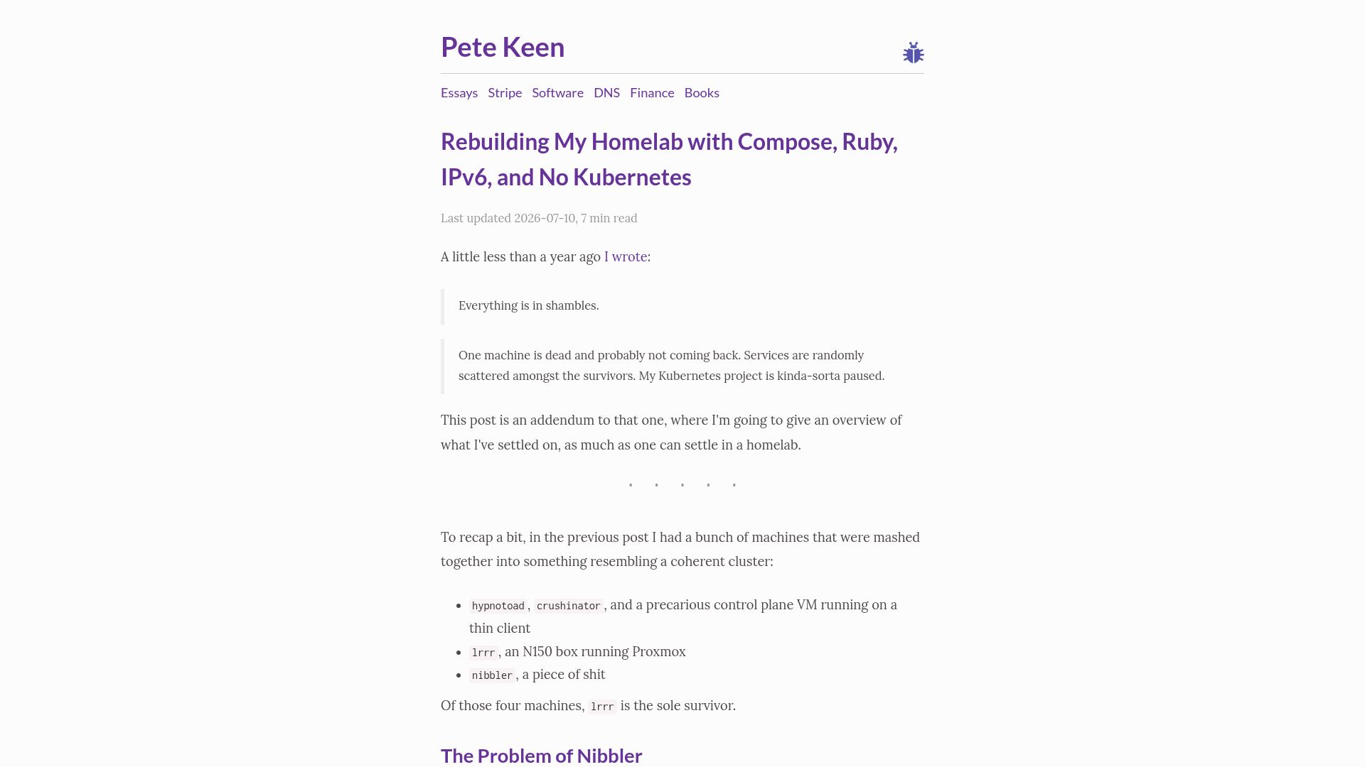 Screenshot of petekeen.net: Rebuilding My Homelab with Compose, Ruby, IPv6, and No Kubernetes