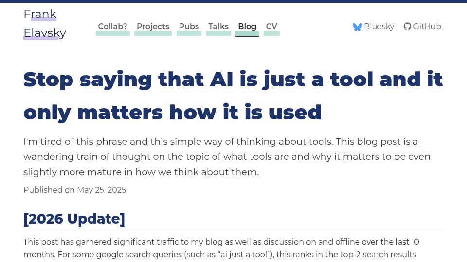 Screenshot of frank.computer: Stop saying that AI is just a tool and it only matters how it is used
